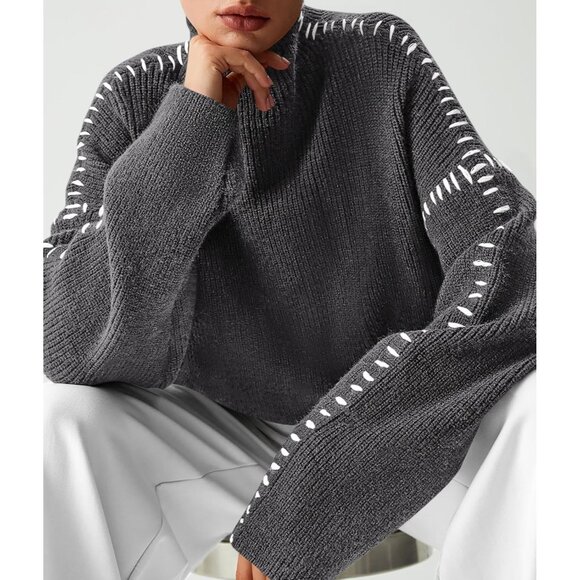 Prettygarden Women's Grey Fall Long Sleeve Mock Neck Oversized Chunky Sweaters - Picture 7 of 7